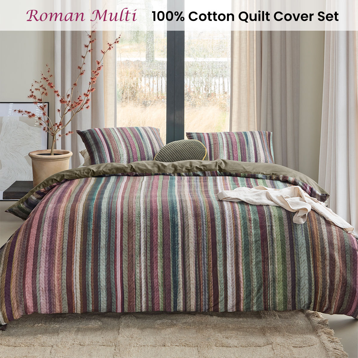 Bedding House Roman Multi Cotton Stripe Quilt Cover Set Queen โ image 2