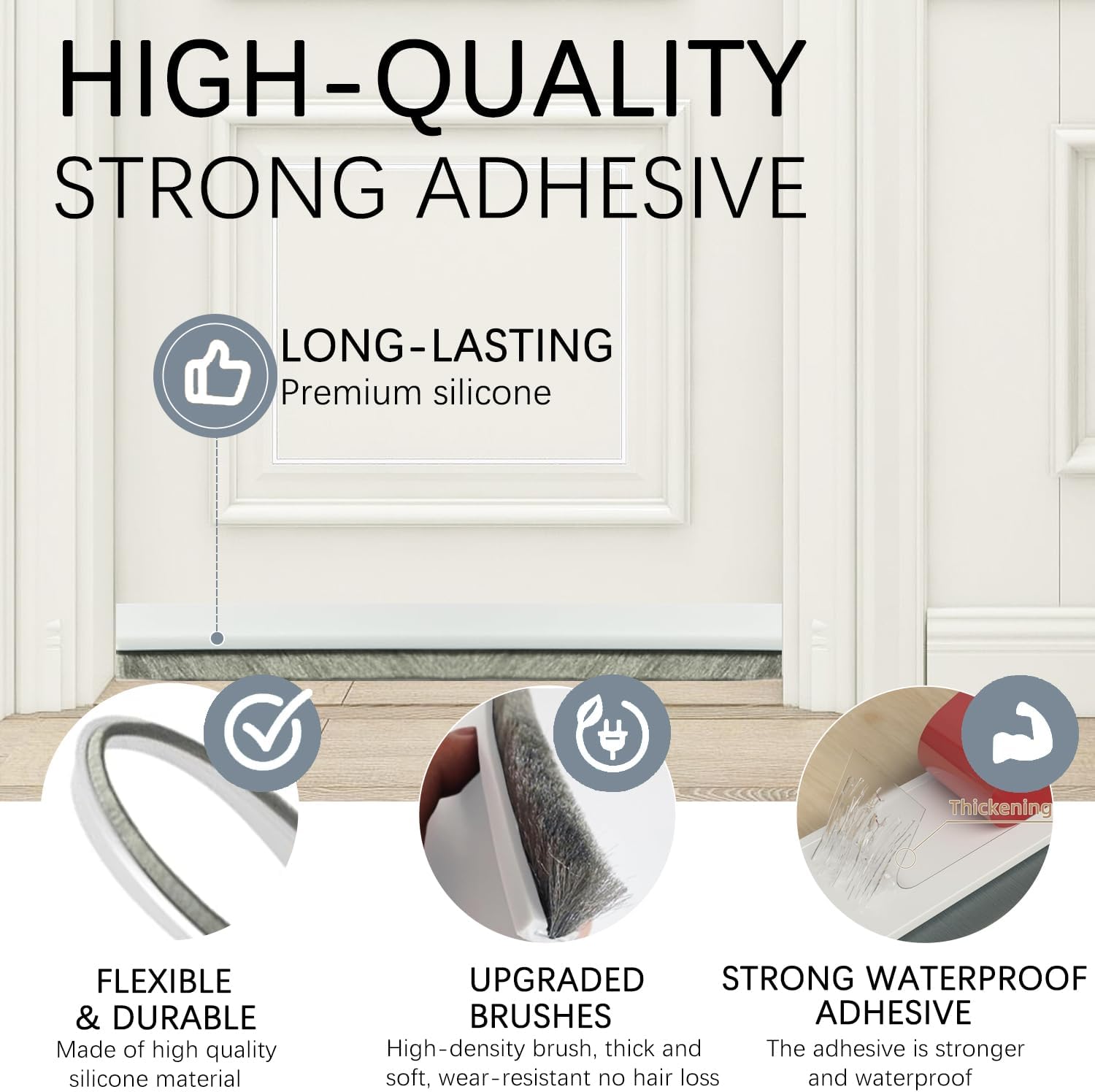 2 Pack Under Door Draft Stoppers with Brush Reduce Noise, Door Soundproofing Strip, Dust-Proof/Weather Stripping with Self Adhesive, Under Door Deal - White — image 4