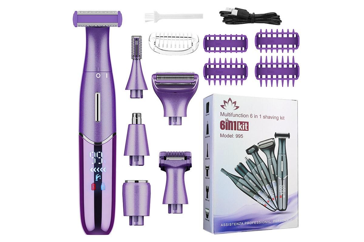 6-in-1 Women Electric Shaver Replaceable Heads for Whole Body Private Epilator Shaving Razor - Purple