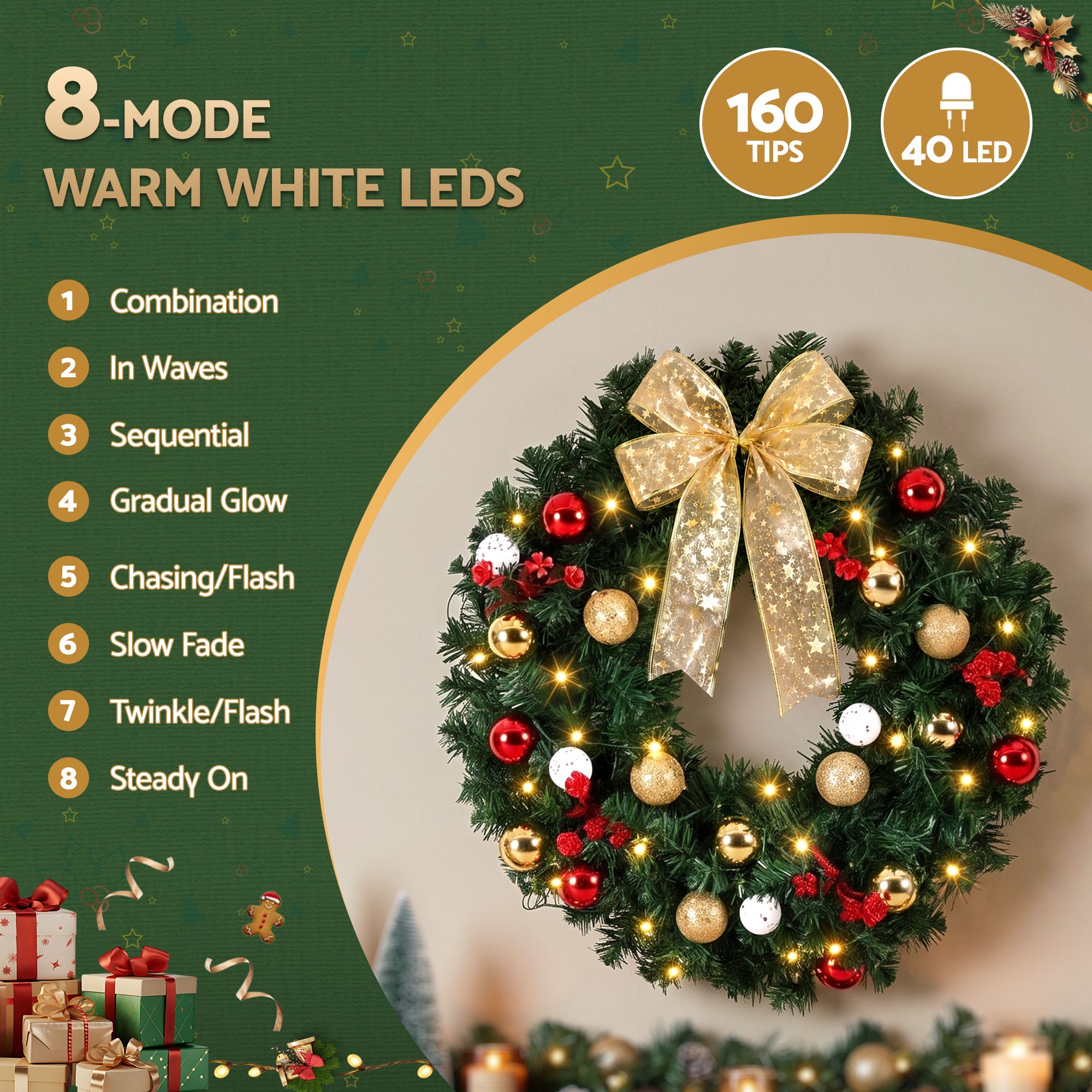 Jingle Jollys Christmas Wreath 60CM LED Garland Berries Bow Baubles Xmas Decor — image 5