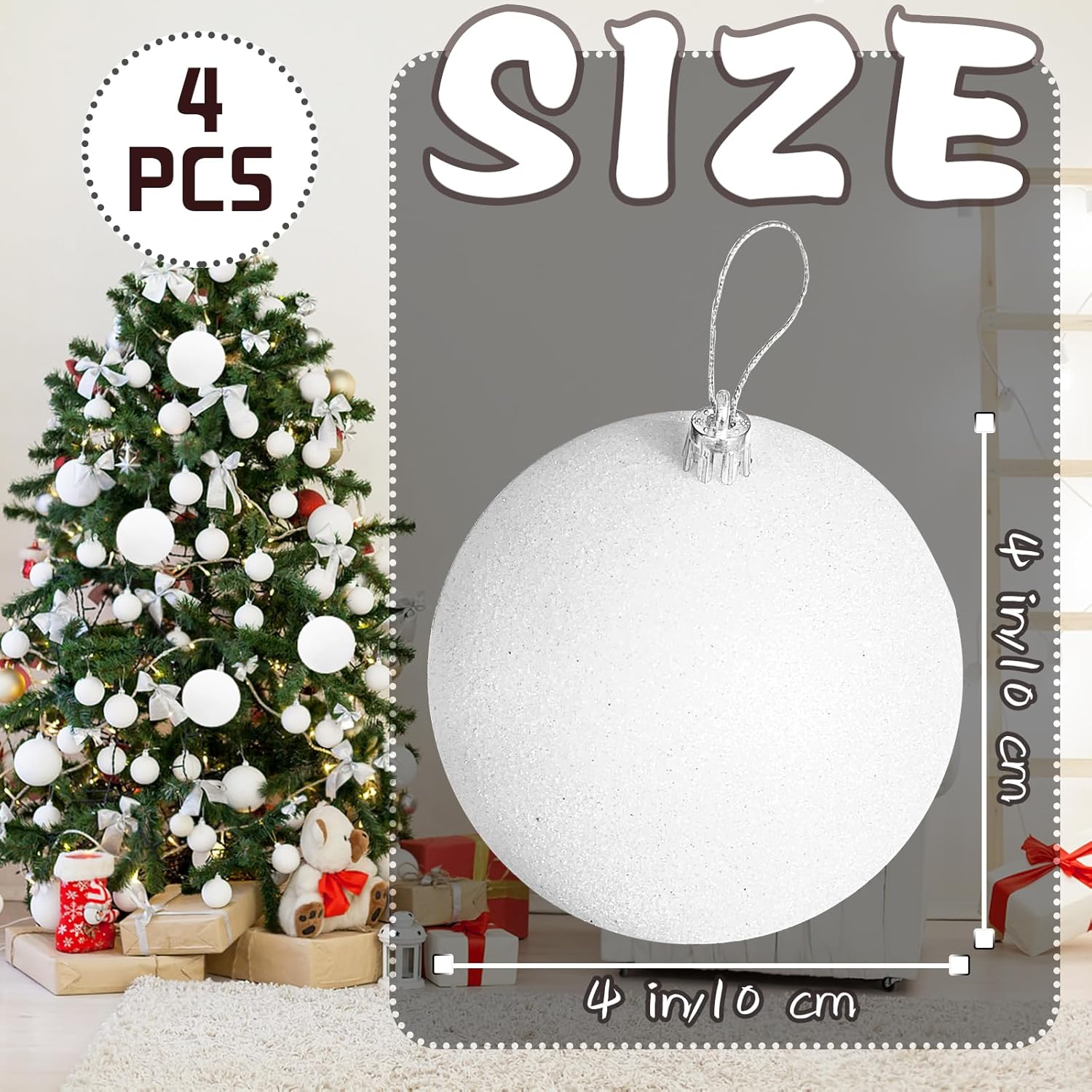 Large 4 in White Glitter Christmas Ornament Balls(4 Pcs),Xmas Sequin Christmas Ball,White Sparkly Hanging Ball Ornament for Tree Home Wedding Party — image 2