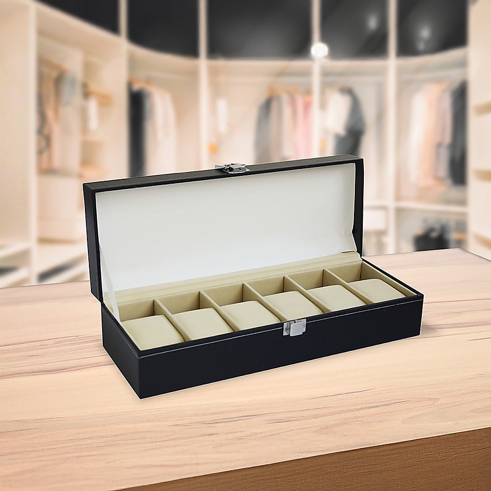 6 Slot Mens Watch Display Case Box Black PU Leather โ image 6