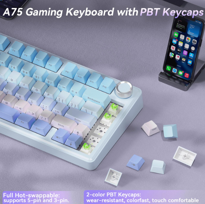 Solakaka A75 3-Mode RGB Mechanical Keyboard, Blue‑Purple — image 3