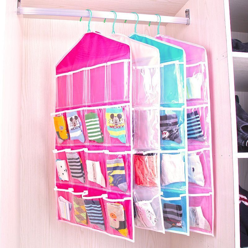 16-Grid Clear Hanging Storage Bag, Visible Socks Underwear Organizer, Green, Closet Door Hanging Accessory — image 3