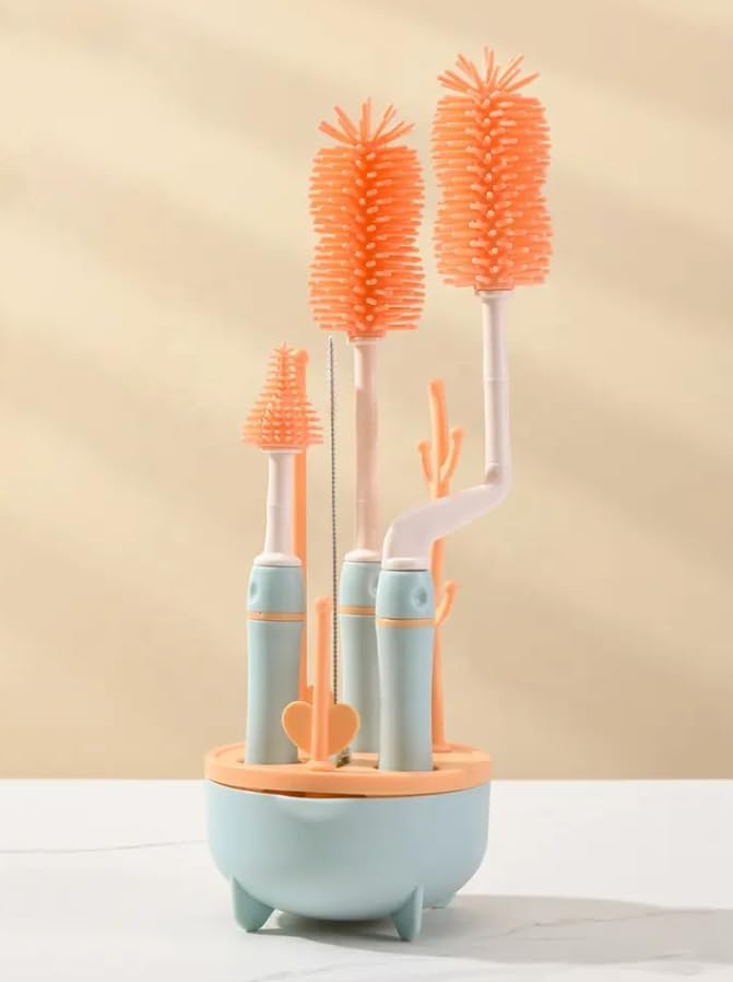 4-in-1 Bottle Cleaning Brush Set with Rotating Brush Heads and Countertop Drying Stand for Baby Bottles, Cups and Straws, Orange — image 4