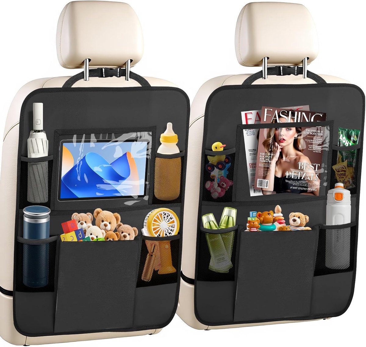 Two-pack storage bags for the car back seat - with touchscreen tablet holder - 6 storage bags - protective cushions - car seat covers - children's travel