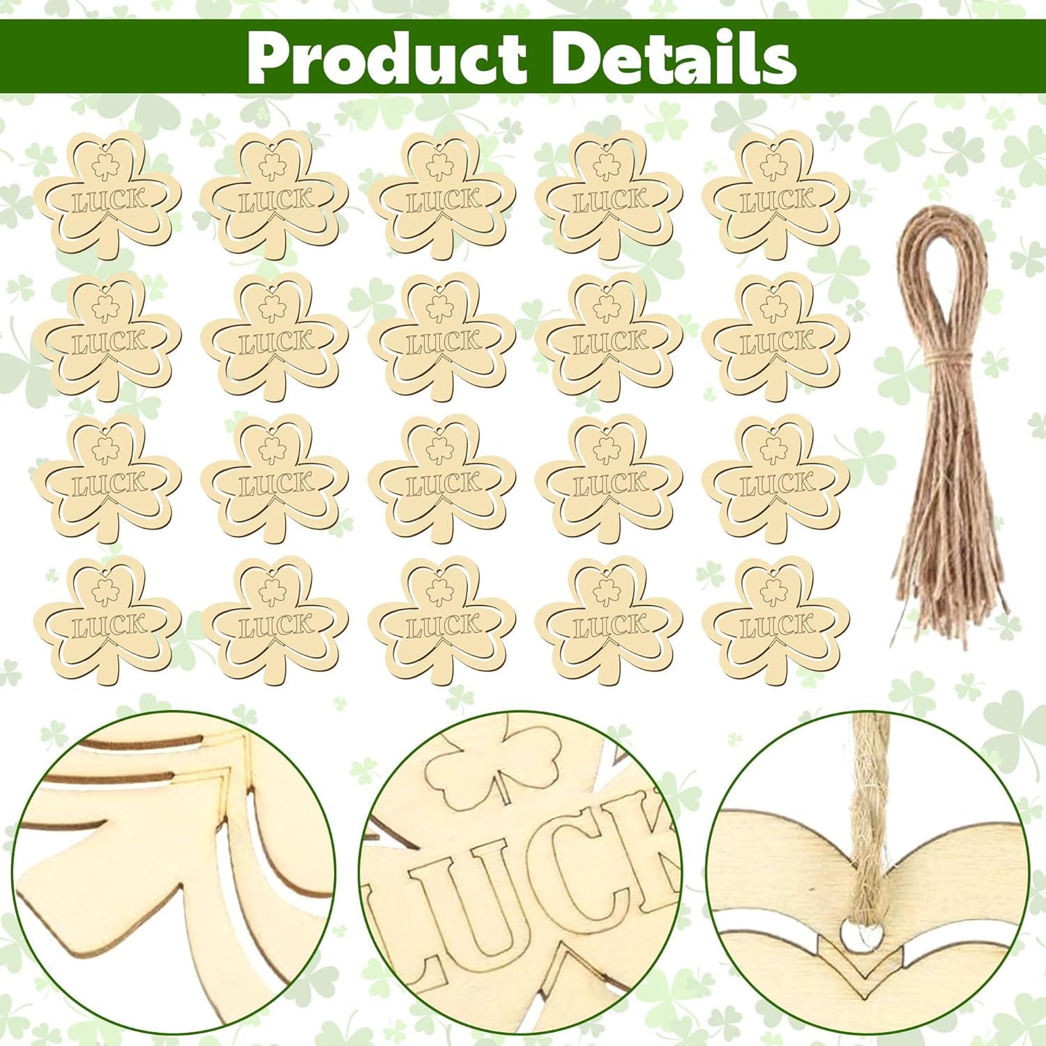 20Pcs Wooden Shamrock Ornaments to Paint, 3.2 Inch St. Patrick's Day Unfinished Wood Shamrock Cutouts, DIY Blank Luck Clover Shape Hanging Ornaments Ropes with — image 4