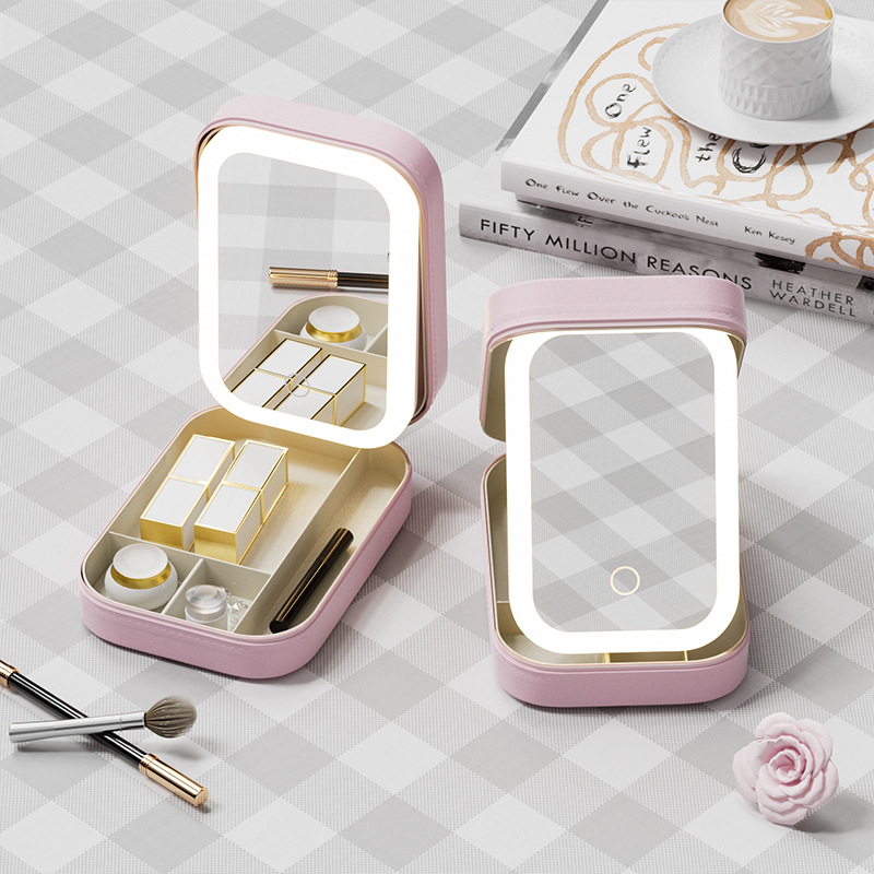 Portable Jewelry & Makeup Organizer Box with LED Touch Mirror - Rechargeable, Adjustable Lighting(pink) โ image 2