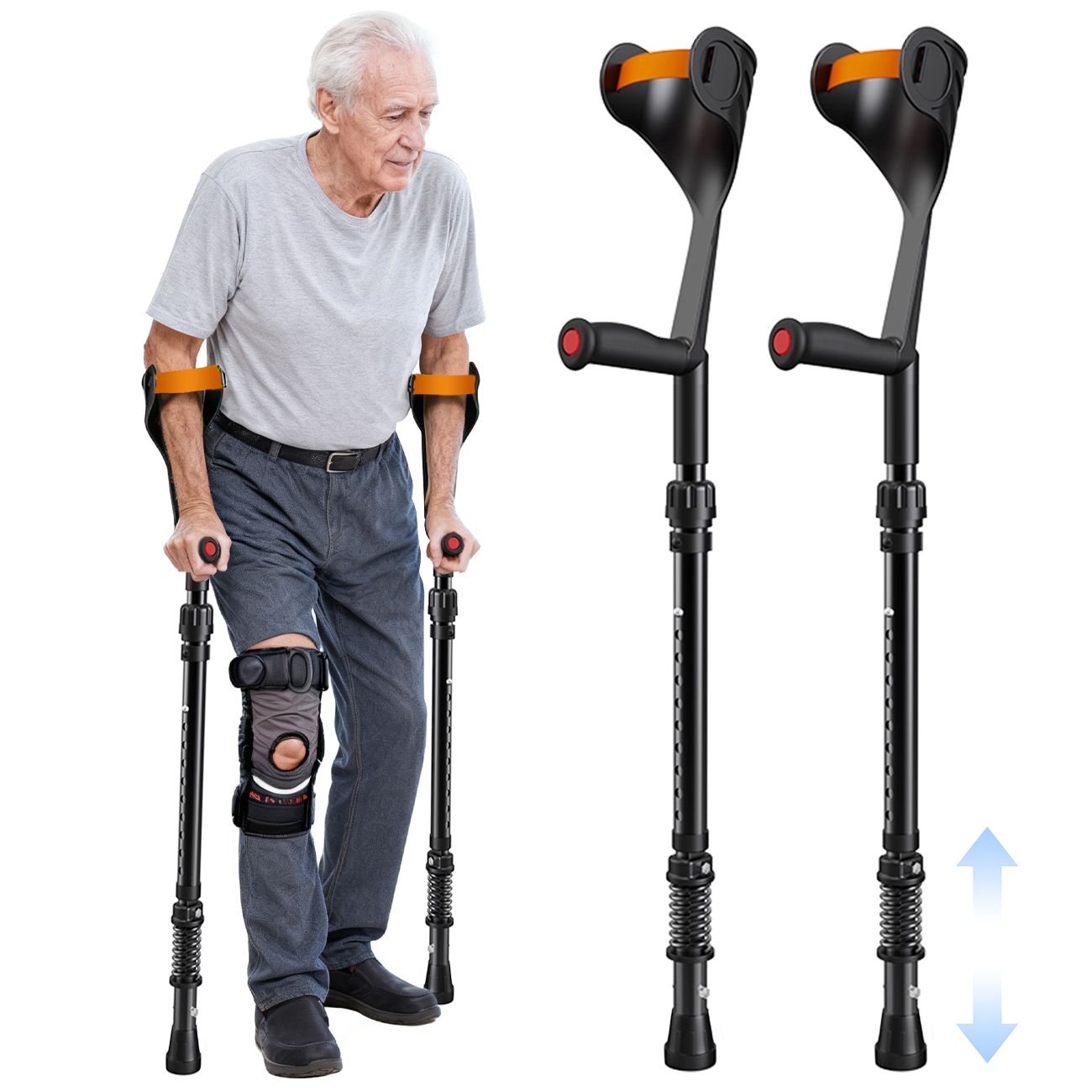 Pair of Adjustable Forearm Crutches for Adults, Lightweight Portable Walking Crutches with Spring Cushioning Design, Black