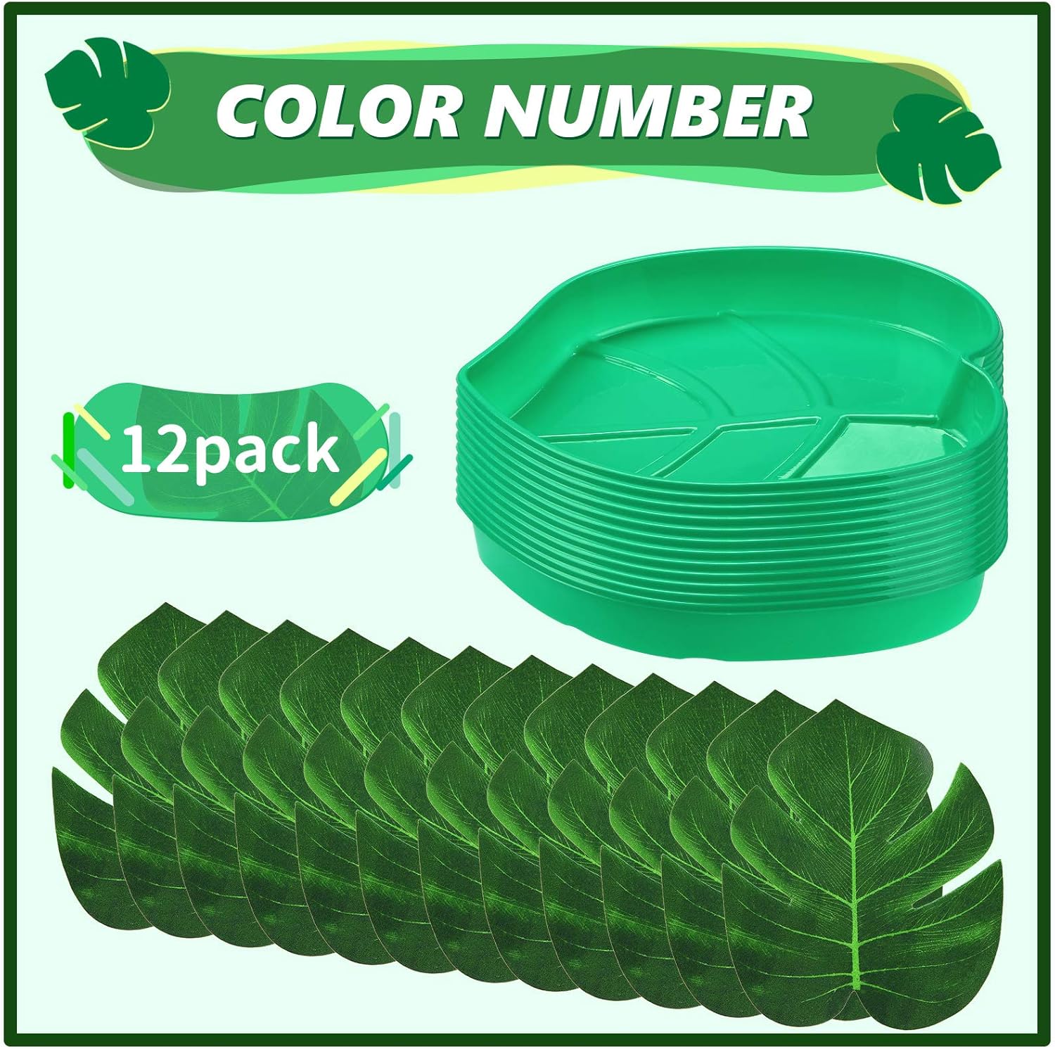 12 Set Palm Leaf Snack Tray Hawaii Reusable Food Tray with Tropical Imitation Green Plant Leaves, Cookies Chips, Candy Dip, for Jungle Island Luau Party — image 2