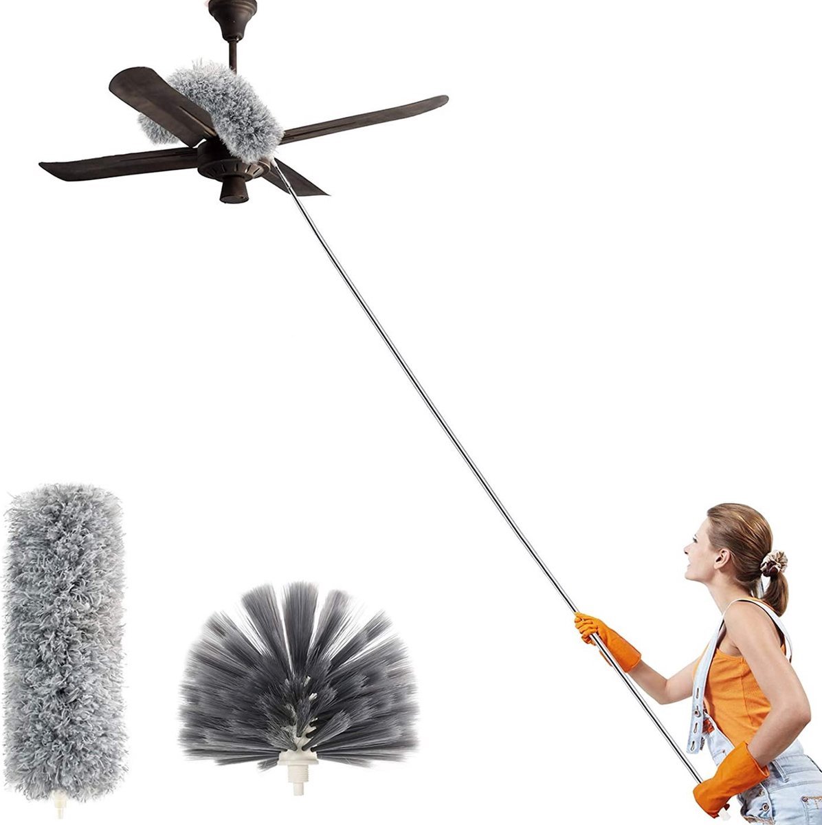 Telescopic Feather Duster Set - Feather Duster - Longest 250cm - Microfiber - Adjustable Telescopic Handle - 2 Bendable Brush Heads - Washable and Rotatable