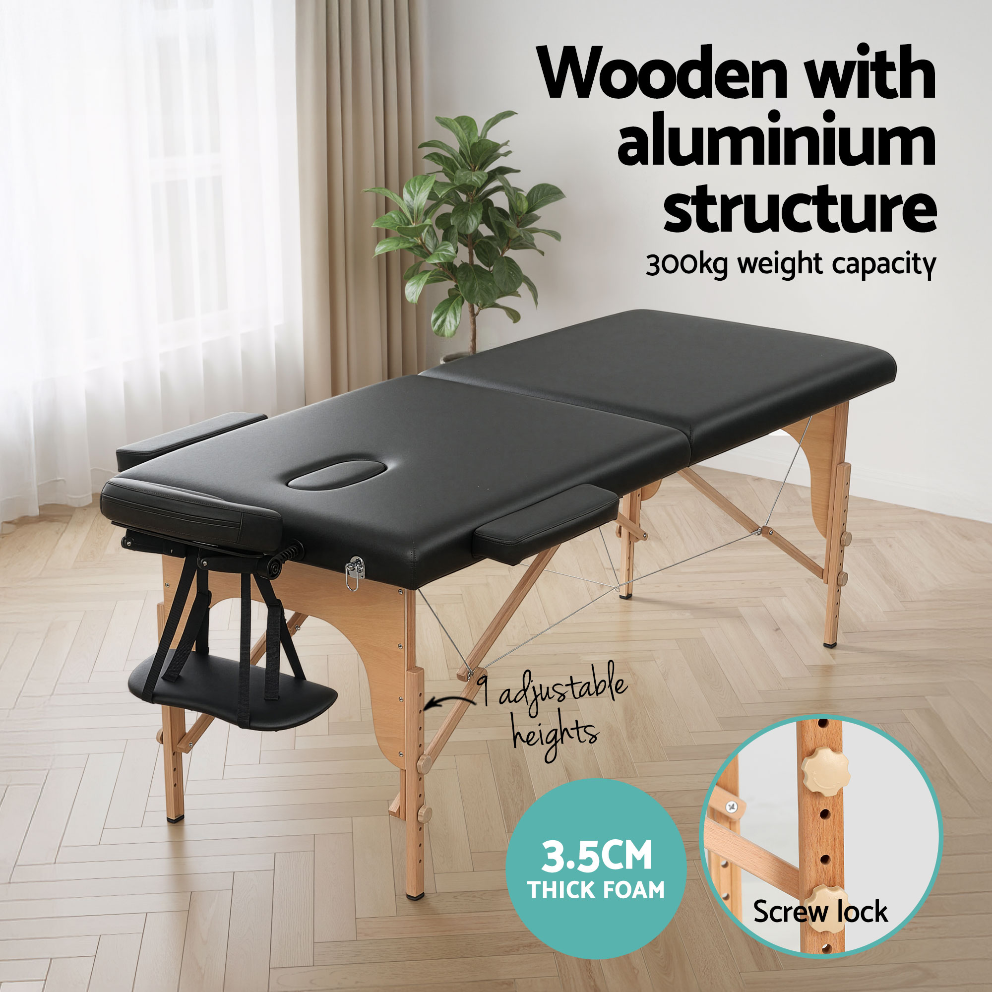 Zenses Massage Table 70cm Portable 2 Fold Wooden Beauty Waxing Therapy Bed Black — image 6