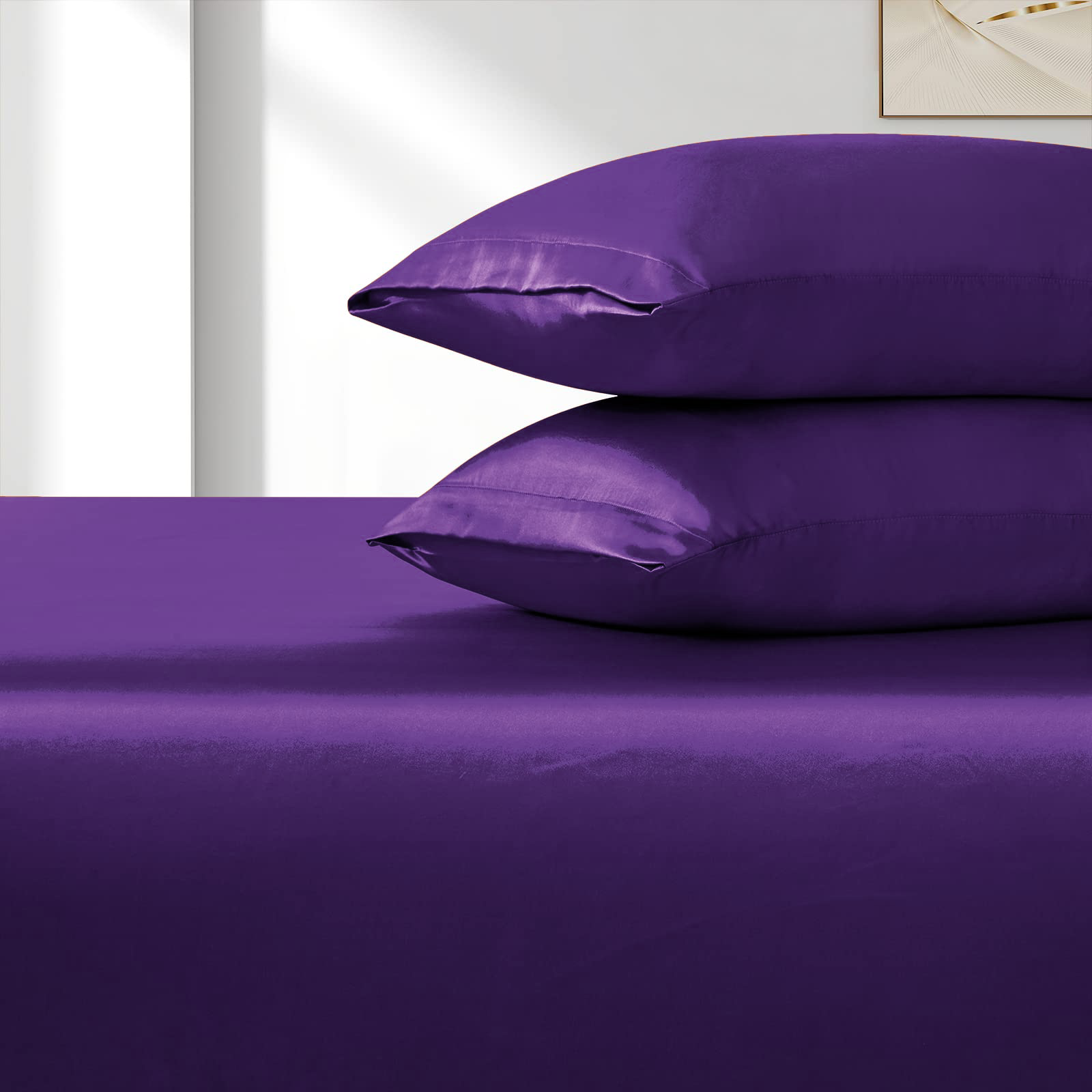 Satin Fitted Sheet Set Hotel 3 Pieces Fitted Sheet with Pillowcase, Art Silk Bedding Set-Luxury Soft Silky Sheets for Hair and Skin, Similar to Silk Fitted — image 4