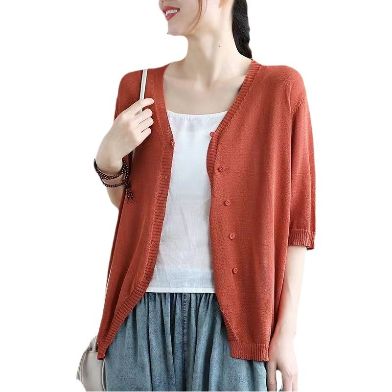Ice Silk Women Cardigan Loose V Neck Half Sleeve White XXXL โ image 2