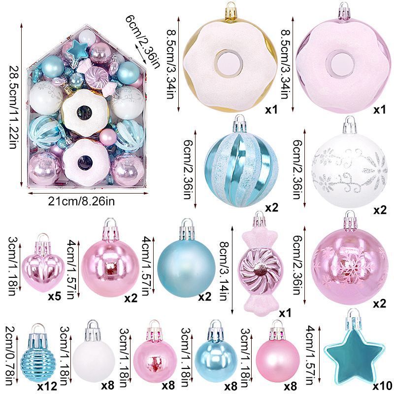 72 Count Rich Assorted Holiday Baubles Packed in House Shaped Gift Box, Patterned Electroplated Spheres and Multi-shaped Hangings in Blue White Pink