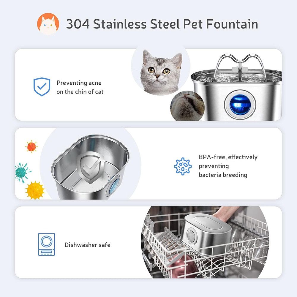 304 Stainless Steel Pet Water Fountain, 3.2L Oval Design with Dual Water Flow, Ultra-Quiet Automatic Circulating Filtered Drinking Station for Cats and Dogs — image 6