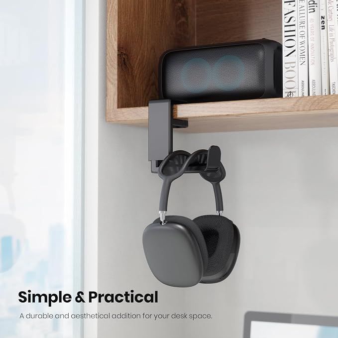 Rotating Headphone Stand - PC Gaming Headset Holder, Adjustable Clamp-on Under Desk Hanger With 360 Degree Swivel & Cable Clip Organizer - Black — image 2