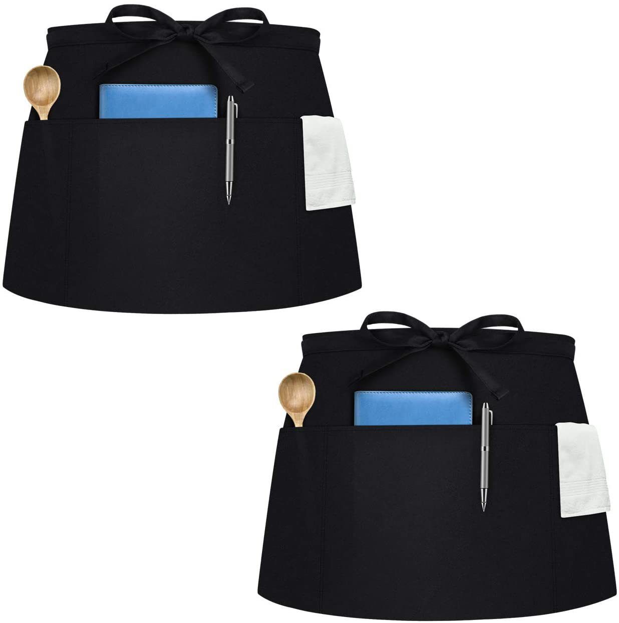 2pcs Waitress Apron with 3 Pockets, Short Aprons for Women with Pockets for Servers, Waiter, Waitress, Black — image 3
