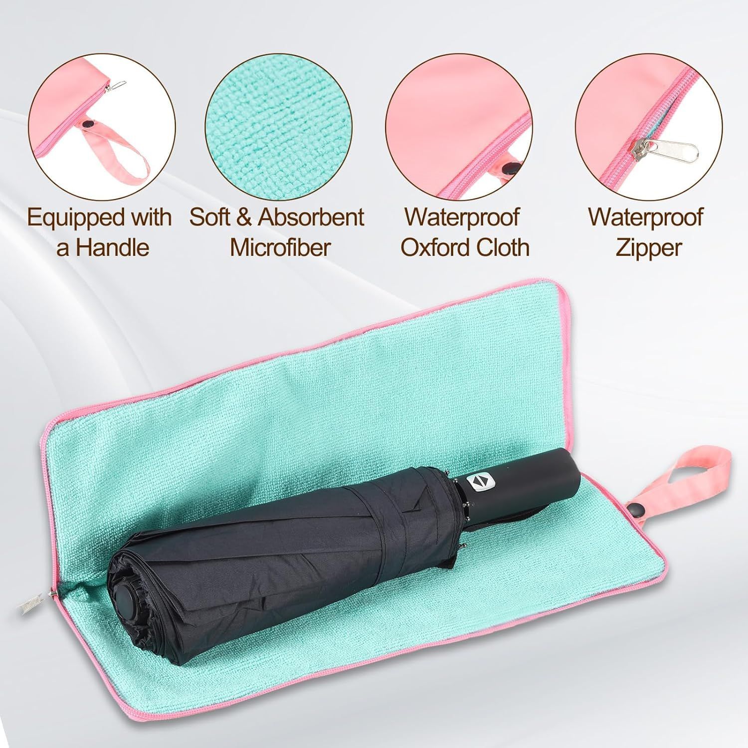 46 inch Navy Blue Windproof Automatic Travel Folding Umbrella and Black Absorbent Hanging Storage Pouch Set – Compact 3-Fold Auto Open Close Umbrella wth — image 6