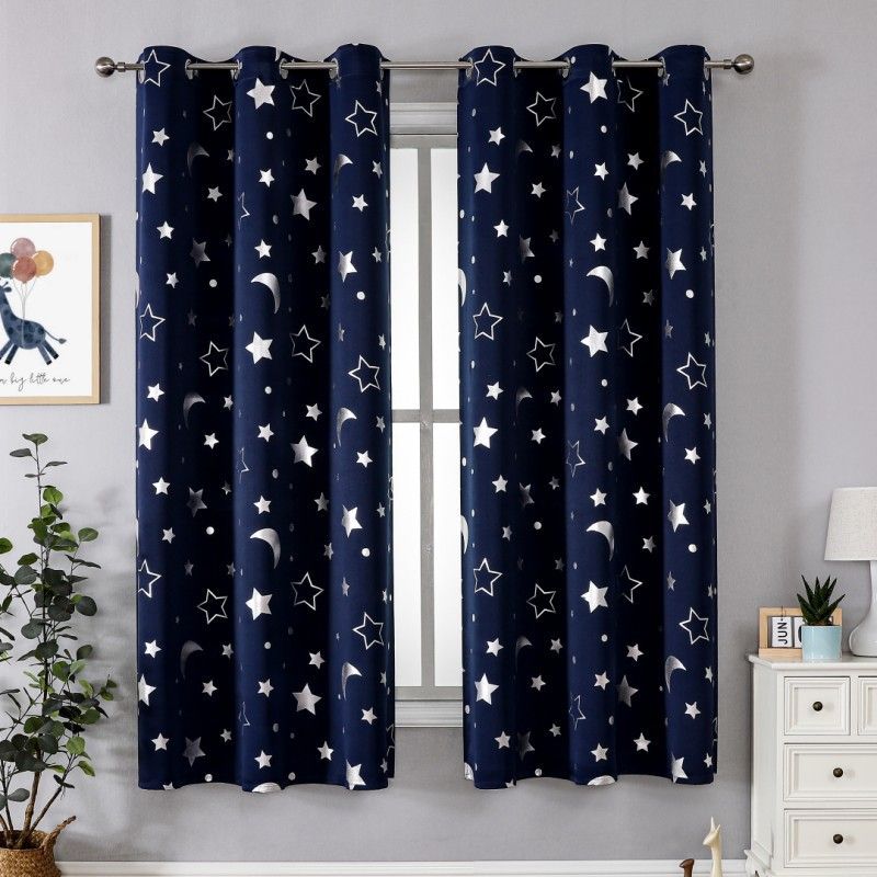 Navy Blue Star Blackout Curtains for Boys Nursery Panel Sets, Space Theme Kids Curtains Room Darkening Noise Cancelling Window
