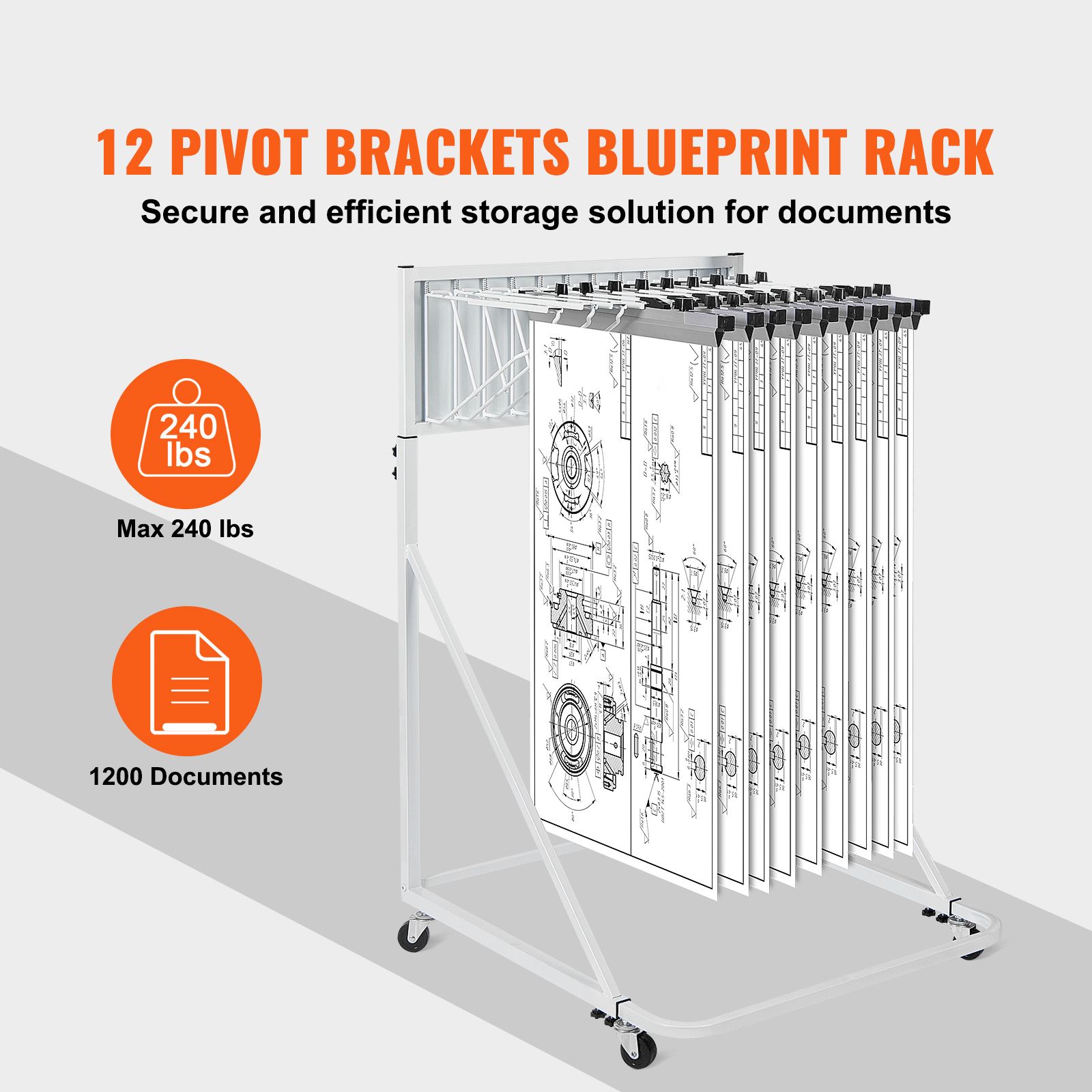 Mobile Blueprint Storage Rack, Plan Holder with 12 Pivot Brackets, Mobile Blueprint Holder Adjustable Height & Length, Poster Display Rack for Office and Home — image 2