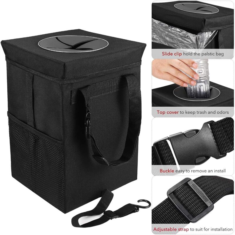 Car Trash Can With Lid - Hanging Garbage Bag With Storage Pockets, Foldable And Portable Waterproof Organizer, Large — image 2