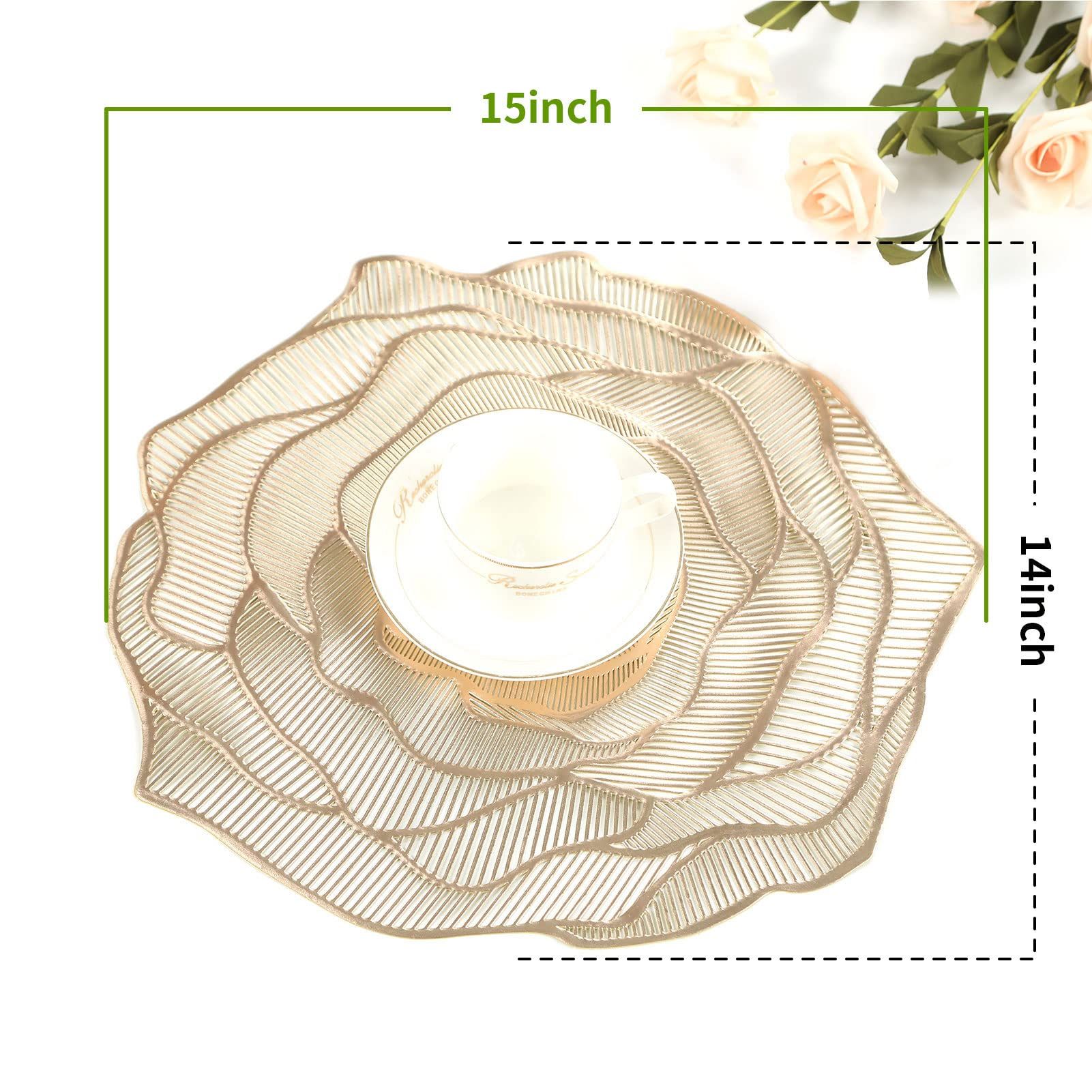Gold Placemats Pressed Vinyl Round Placemats Set of 4 Pretty Rose Shape Design Washable Dining Table Decoration Mats — image 2