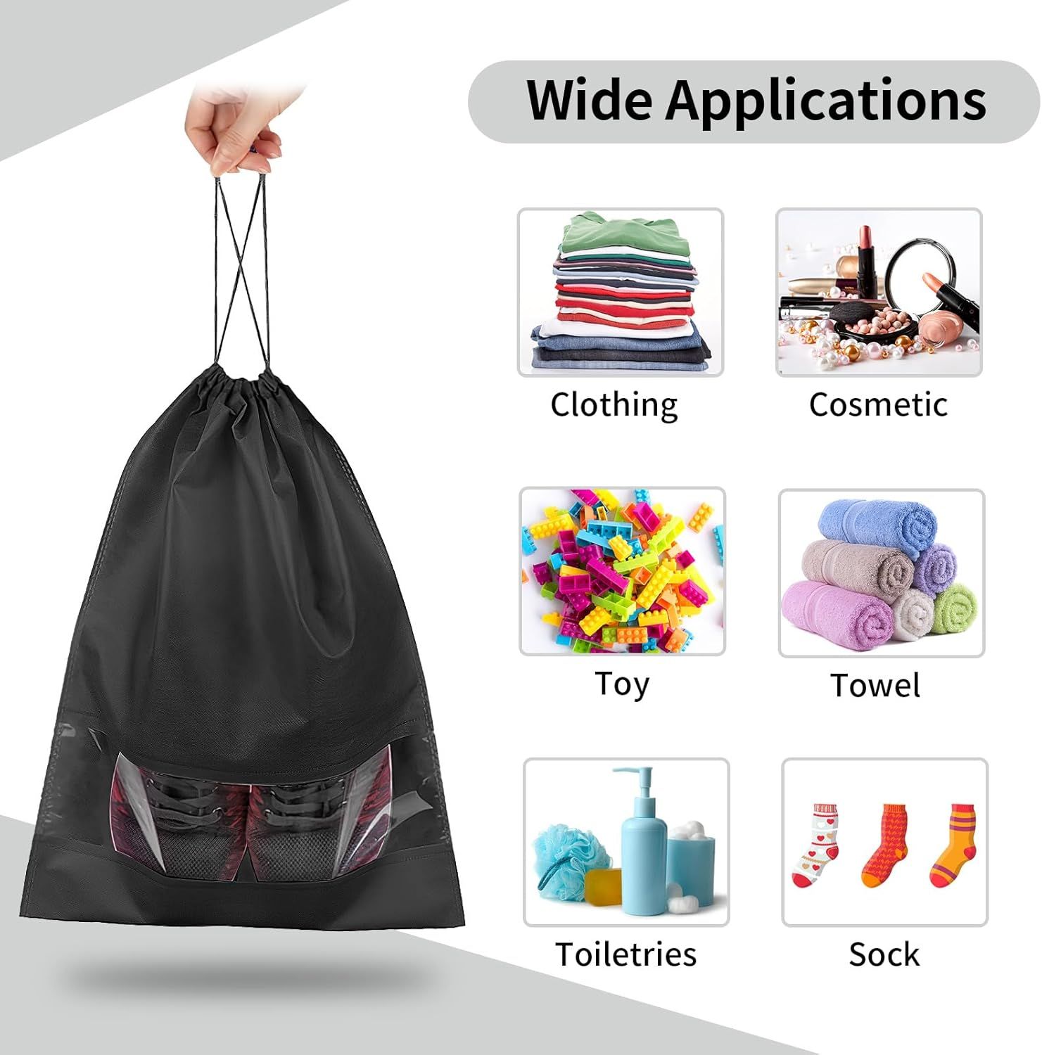 12 Pack Large Shoe Bags for Packing with Clear Window, Dustproof Drawstring Travel Shoe Storage Bags for Men & Women, Black — image 6
