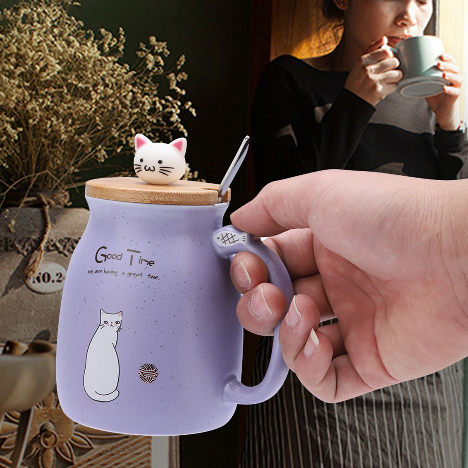 1Pc Lovely Cat Ceramic Cup with Spoon and Lid Coffee Water Milk Mug for Drinkware Gift(Purple) โ image 4