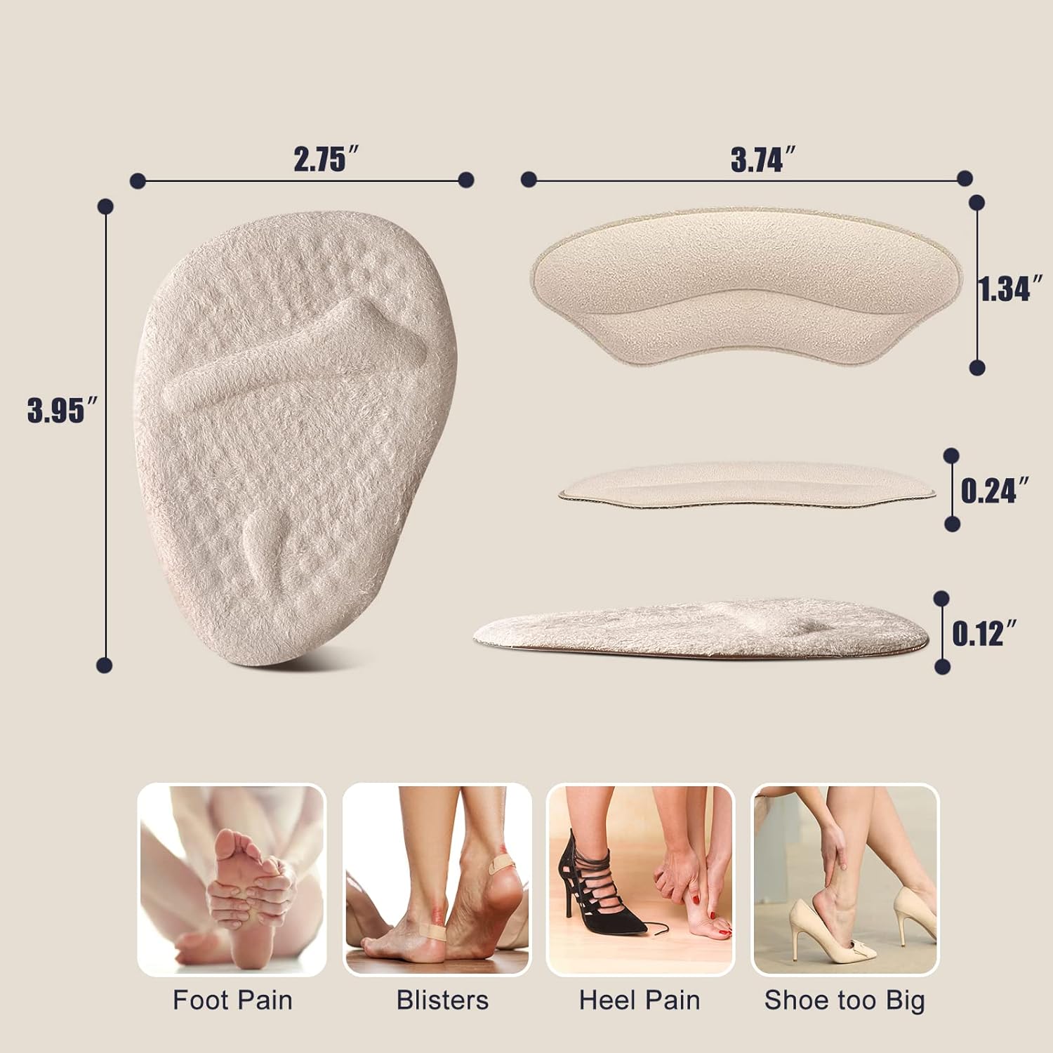 Metatarsal Pads, Ball of Foot Cushions, Heel Pads Inserts for Too Big Shoe, Reduce Foot Pain, No Slip Heel Grips Liners Shoe Pads for Loose Shoe, Blisters — image 6