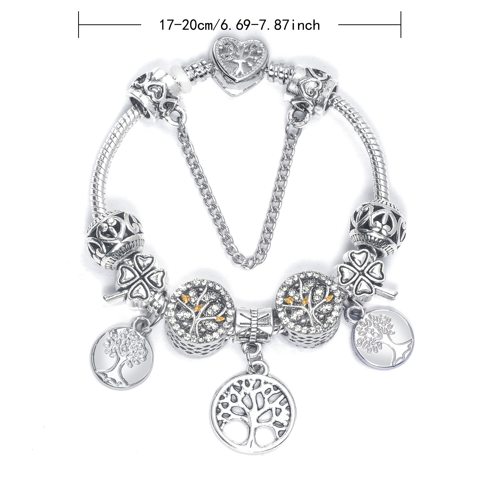 Vintage Silver Tree of Life CZ Four - Leaf Clover Charm Bead DIY Bracelet, Retro Style(17cm) โ image 2