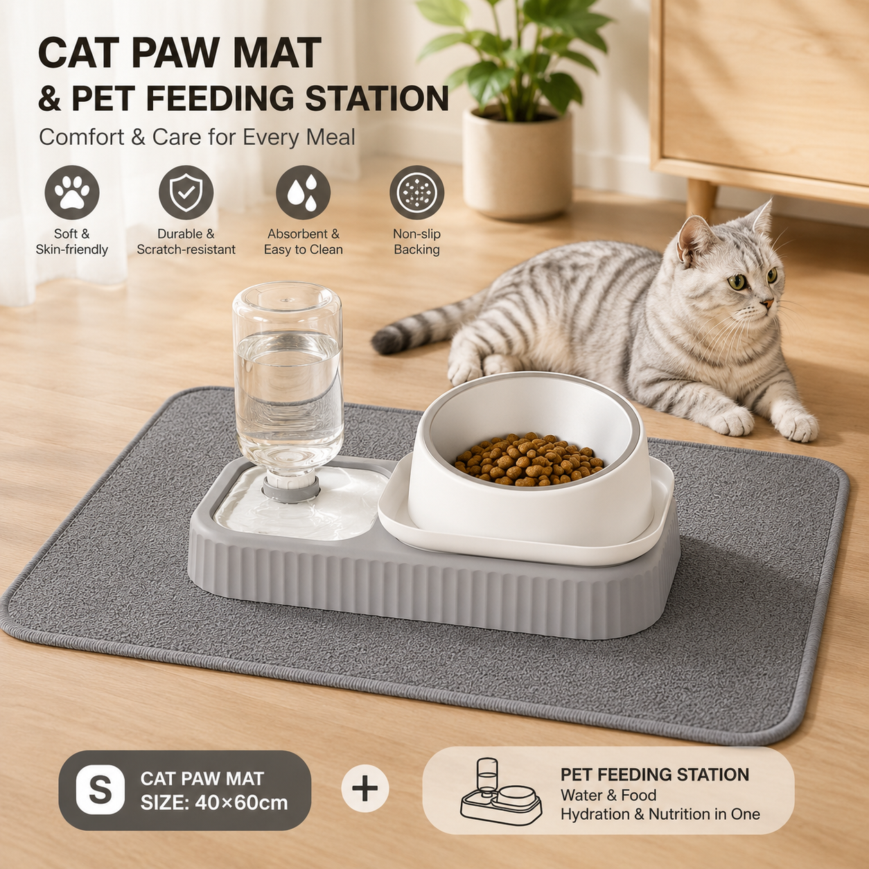 2 pcs Grey and White Cat Feeding Station with Water Dispenser & Slow Feeder Bowl Plus Cat Scratching Mat Set Gery 40x60cm Pet Dining and Furniture Protection