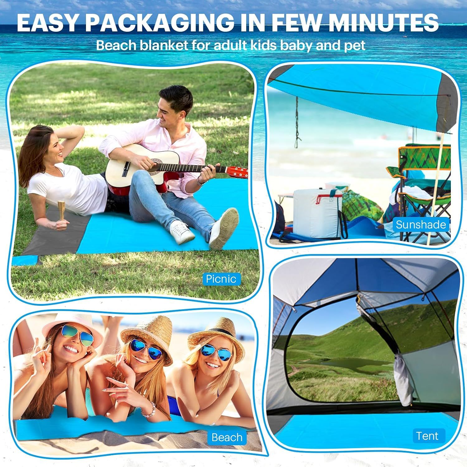 Oversized Sandproof Beach Blanket, Water Resistant Picnic Mat for Camping, Hiking, Travel and Family Beach Days, Blue, 200 x 210 cm — image 6