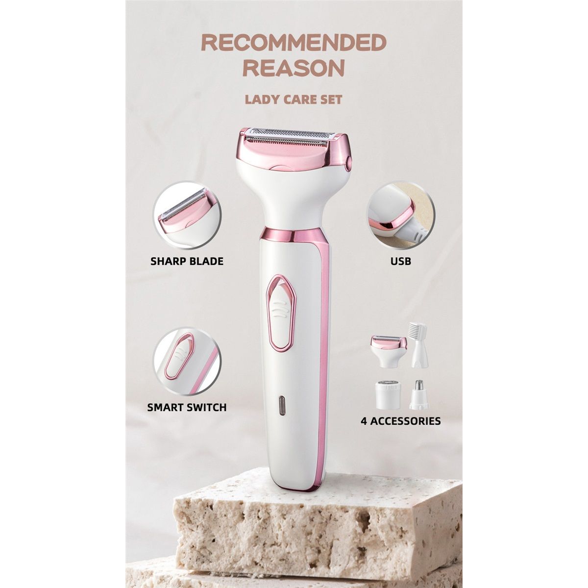 Electric Razor for Women,Hair Trimmer for Face Nose Eyebrow Beard Mustache Arm Leg Armpit Bikini,Painless Rechargeable Portable 4 in 1 Womens Body Shavers Set — image 4