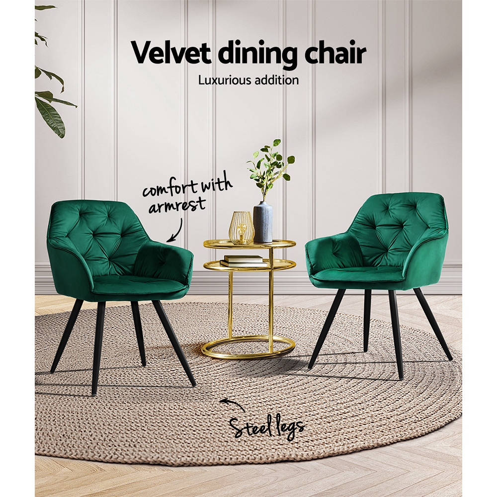 Artiss Dining Chairs Set of 2 Velvet Diamond Tufted Armchair Green โ image 4
