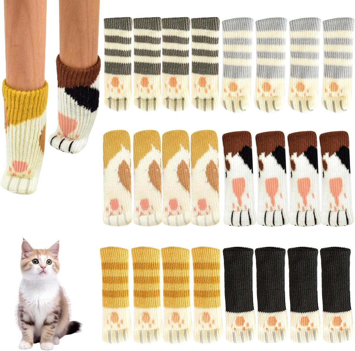 24 pieces - Furniture socks - Chair leg protectors - Floor protectors - Chair leg socks - Chair leg caps - cat paw chair socks - knitted non-slip chair leg