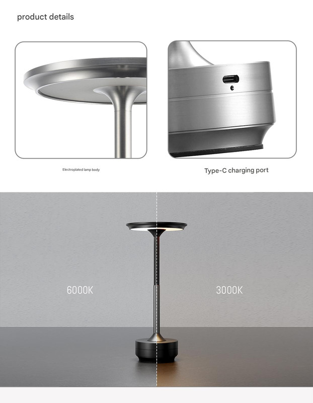 Silver Elegant Aluminum Alloy Rechargeable LED Touch Lamp - 3-Color Dimmable Cordless Table Light โ image 5