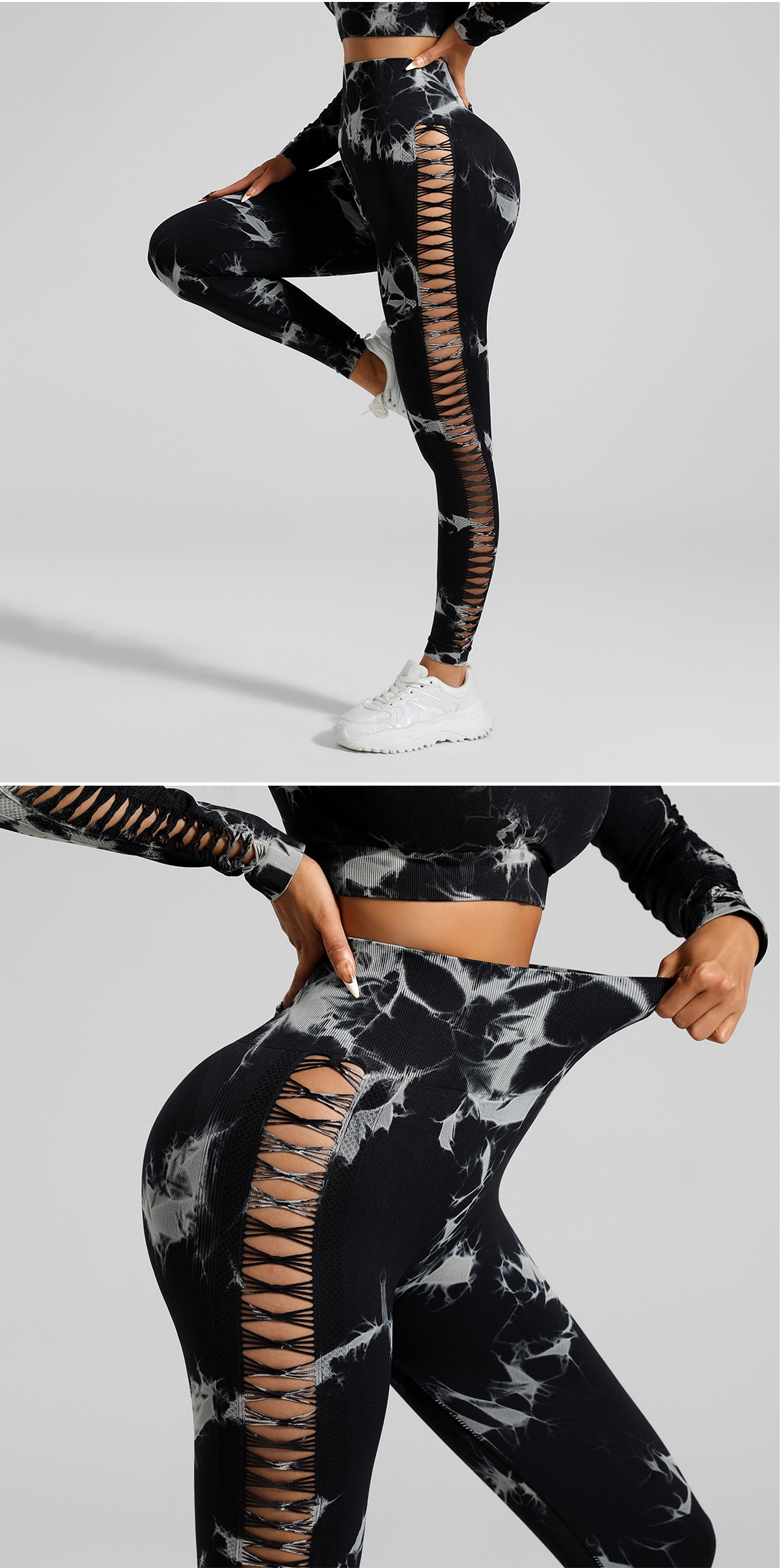 Black and Grey Tie-Dye Size M Tie-Dye Yoga Set Long Sleeve Butt Lift Leggings Seamless Workout Training Gym Clothes โ image 2