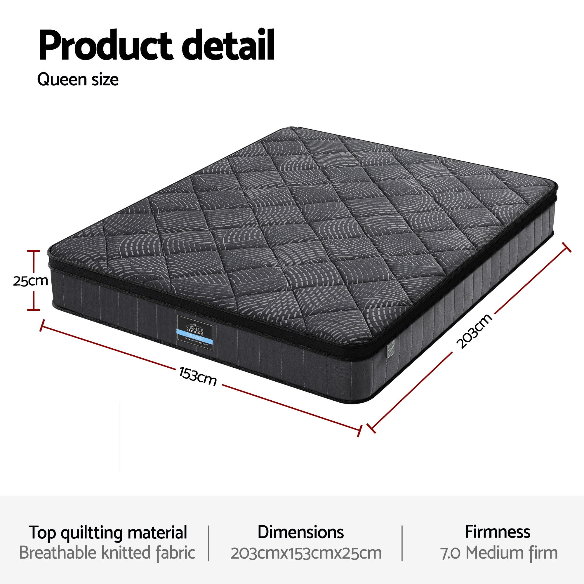 Giselle Bedding Queen Mattress 25cm Pocket Spring Latex Euro Top Medium Firm Bed โ image 3