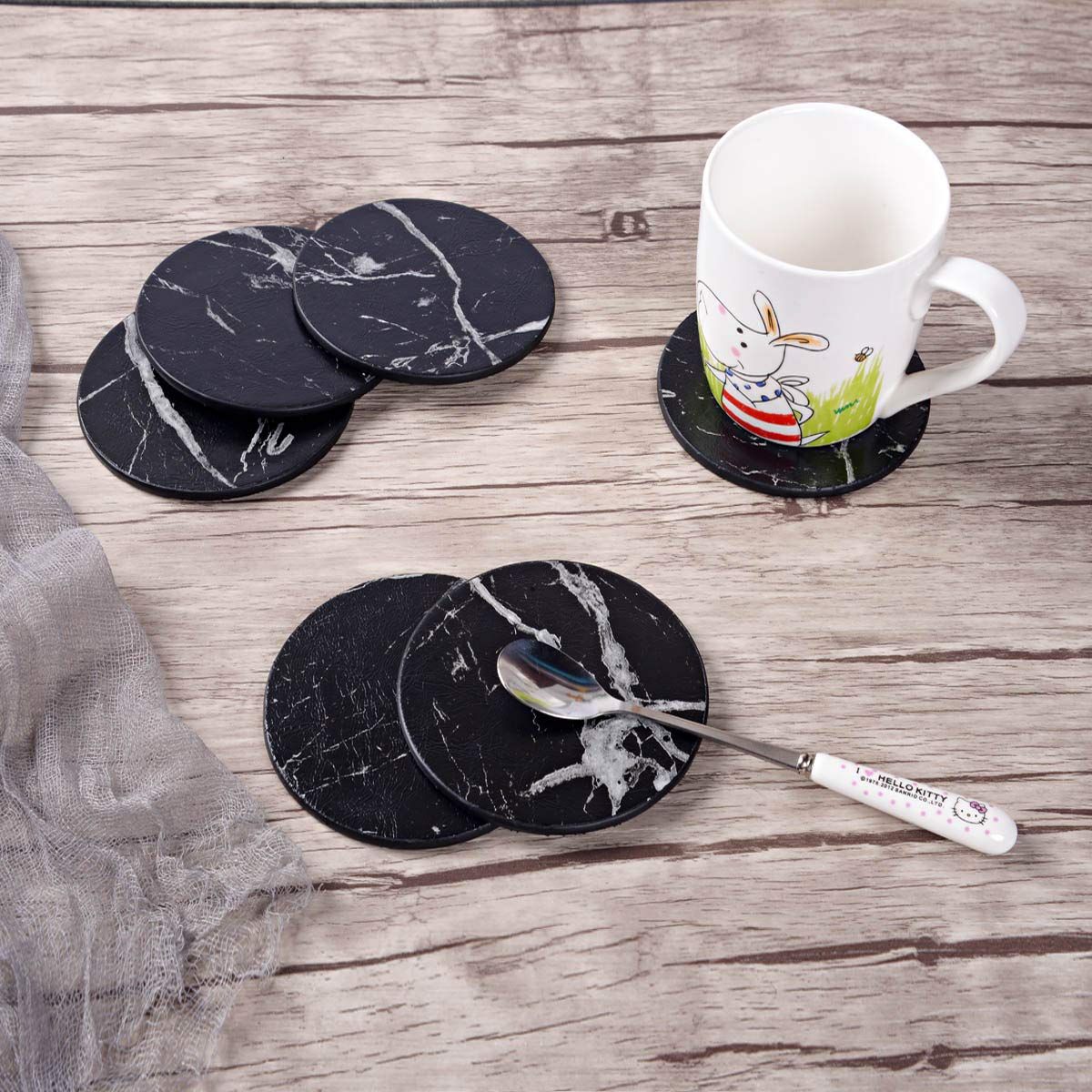 Coasters for Drinks, 6 PCS Premium PU Leather Drink Coasters with Holder, Heat Resistant Round Cup Mat Pad - Protect Table from — image 5