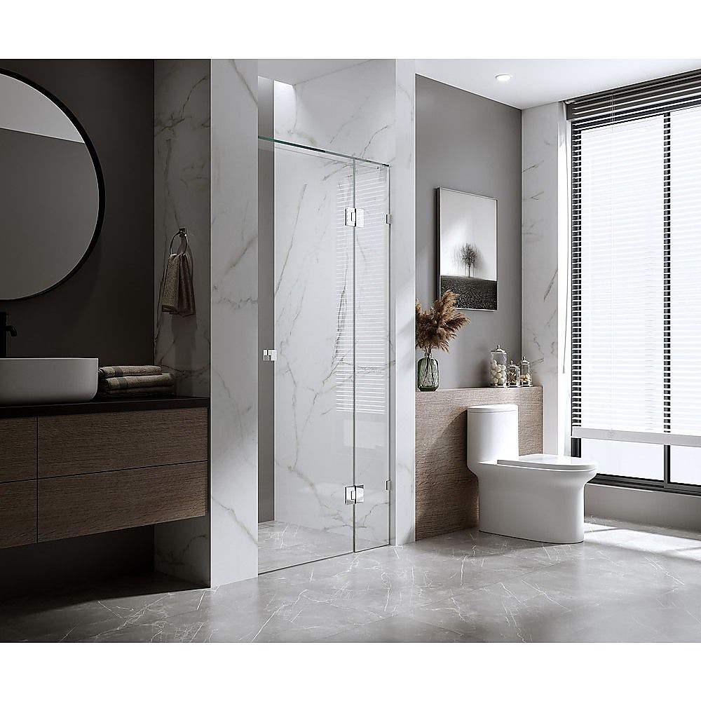 90cm Frameless Wall-to-Wall Shower Screen with Black U-Brackets and Floor U-Bracket, Brass Hinges & Square Double Pull Handle