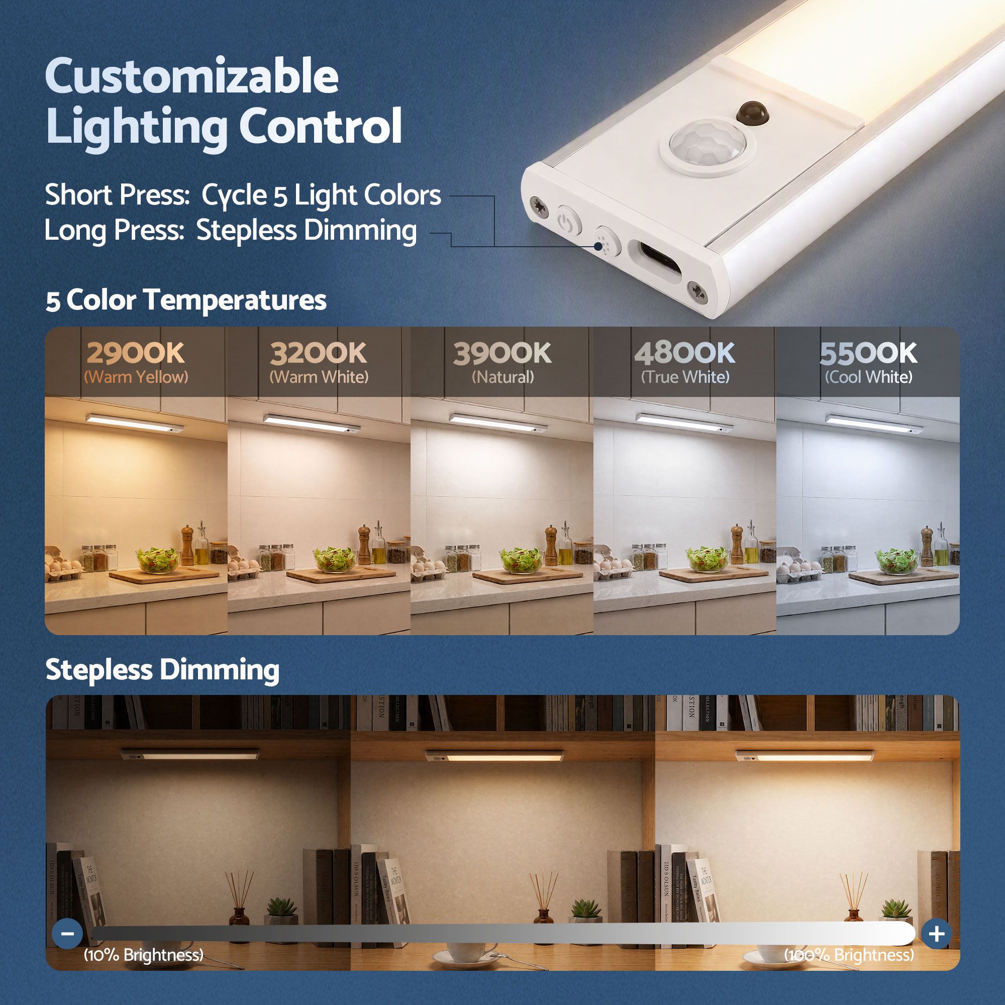 Artiss 4-Pack 25cm Motion Sensor Under Cabinet Lights, LED Closet Light with 5 Colors Dimmable — image 3