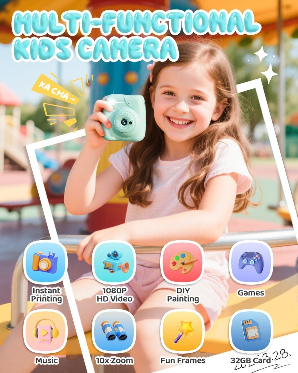 48MP Kids Digital Camera with Instant Print, 1080p FHD, 10x Zoom, 32GB Memory Card, 3-inch Screen, Green — image 5