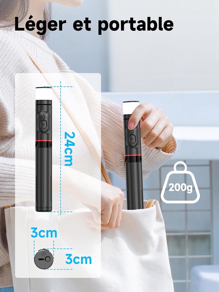 Selfie stick - Phone tripod - Tripod with auxiliary light - Mobile phone holder - With lighting function - Remote control - 75mm aluminum phone holder - Selfie — image 2