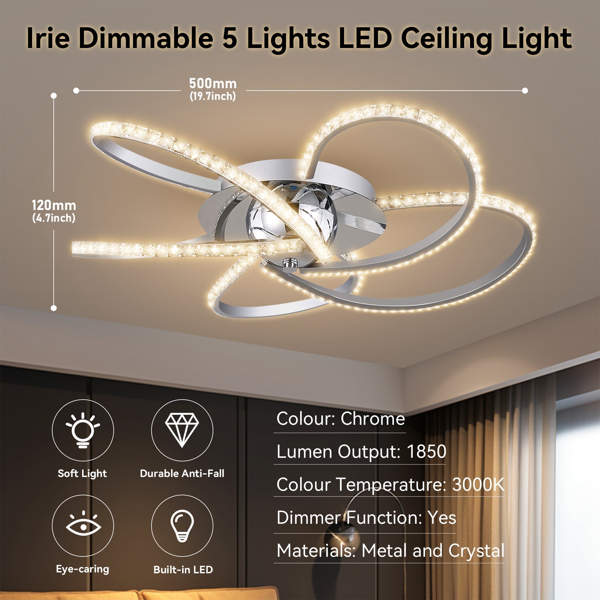 Irie Dimmable 5 Lights LED Ceiling Light - Chrome — image 6