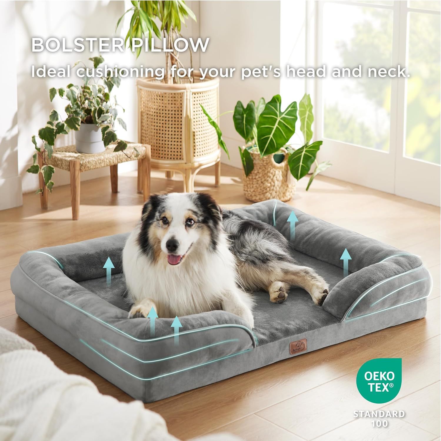 Grey Waterproof Egg-Crate Foam Therapeutic Pet Sofa Bed and Fleece Lounge (L Size 91 × 69 × 17 CM) - Low Entry, High Bolster Support & Zipper Removable Cover — image 3