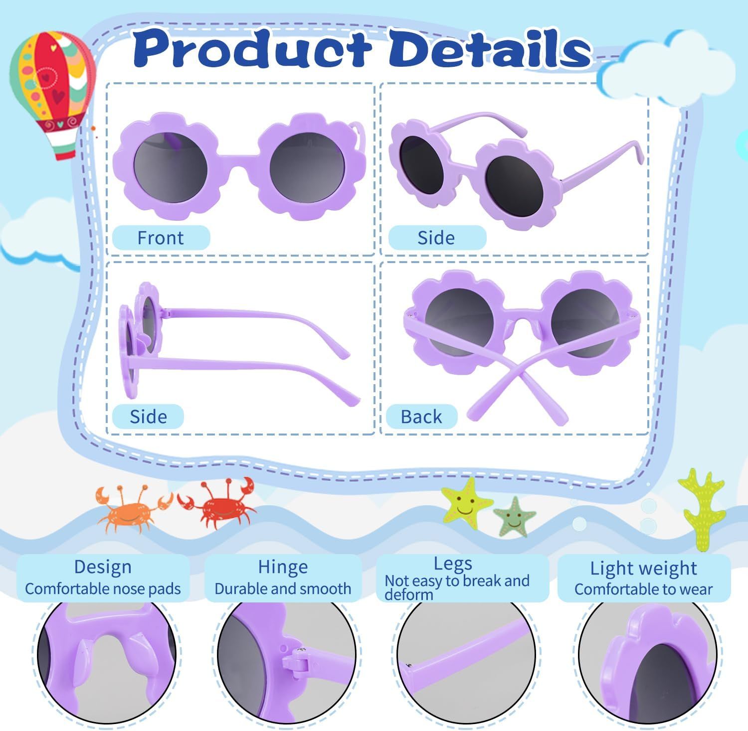 2 Pack Flower Shaped Kids Sunglasses, Round Outdoor Eyewear Set for Dress Up, Parties, Holidays, Photos and Everyday Sun Protection — image 5
