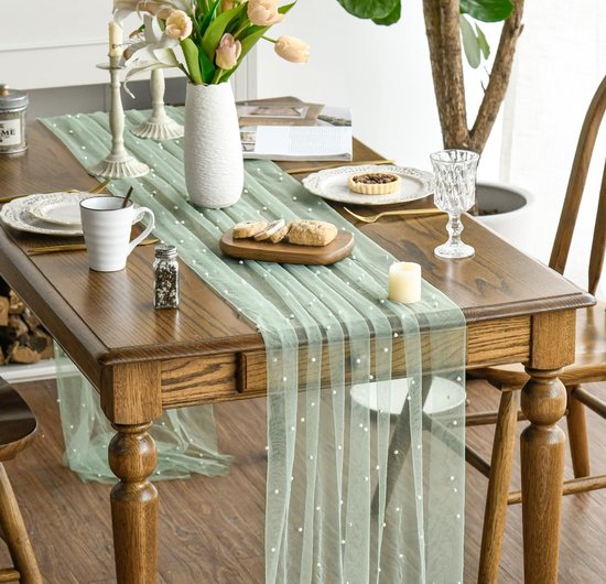 Light Green Table Veil with White Pearls - Silky Gauze 30 × 120 Inches - For Weddings, Parties & Table Decorations — image 3