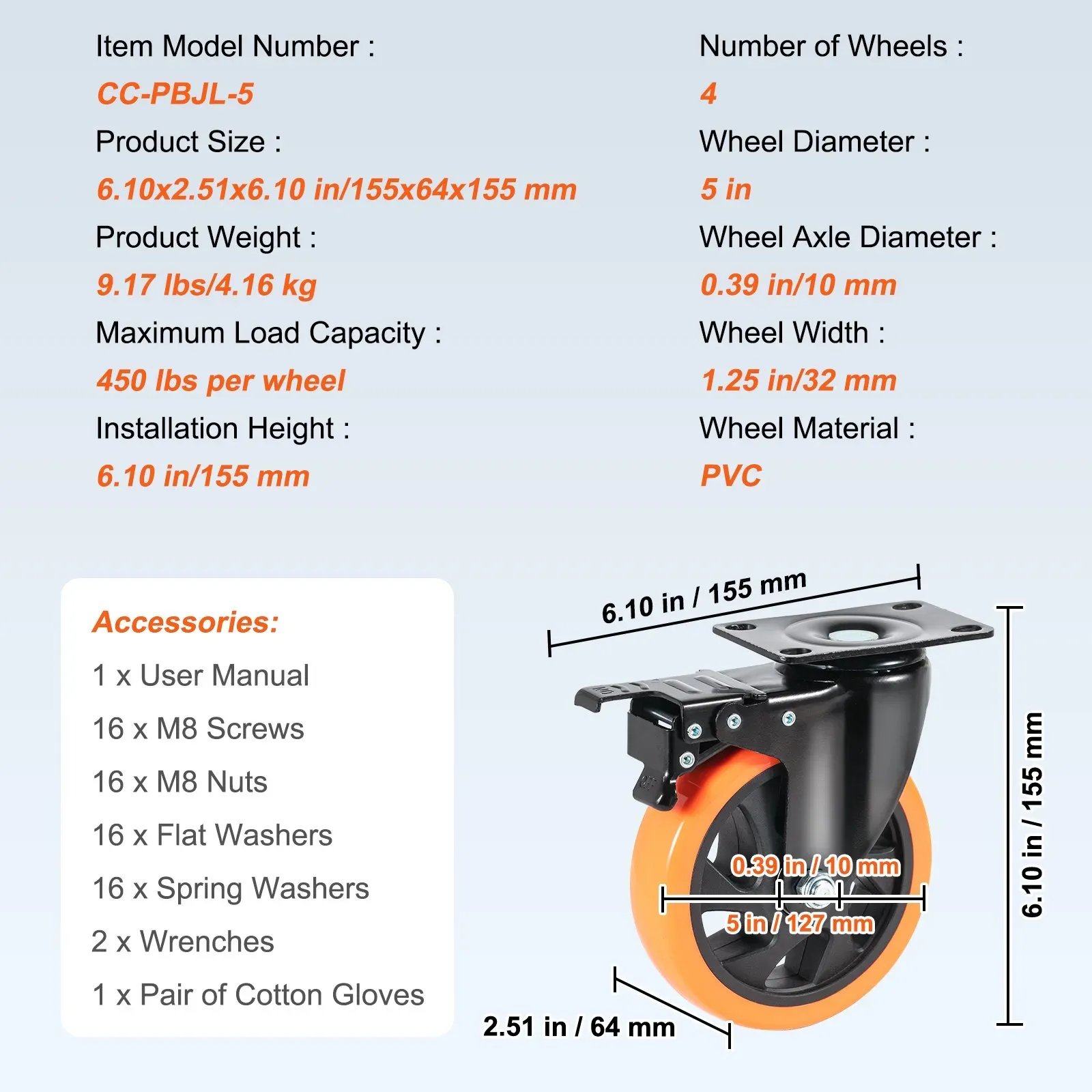 Caster Wheels, 127 mm Swivel Plate Casters, Set of 4, Heavy Duty 204 kg Load Capacity Per Caster — image 4