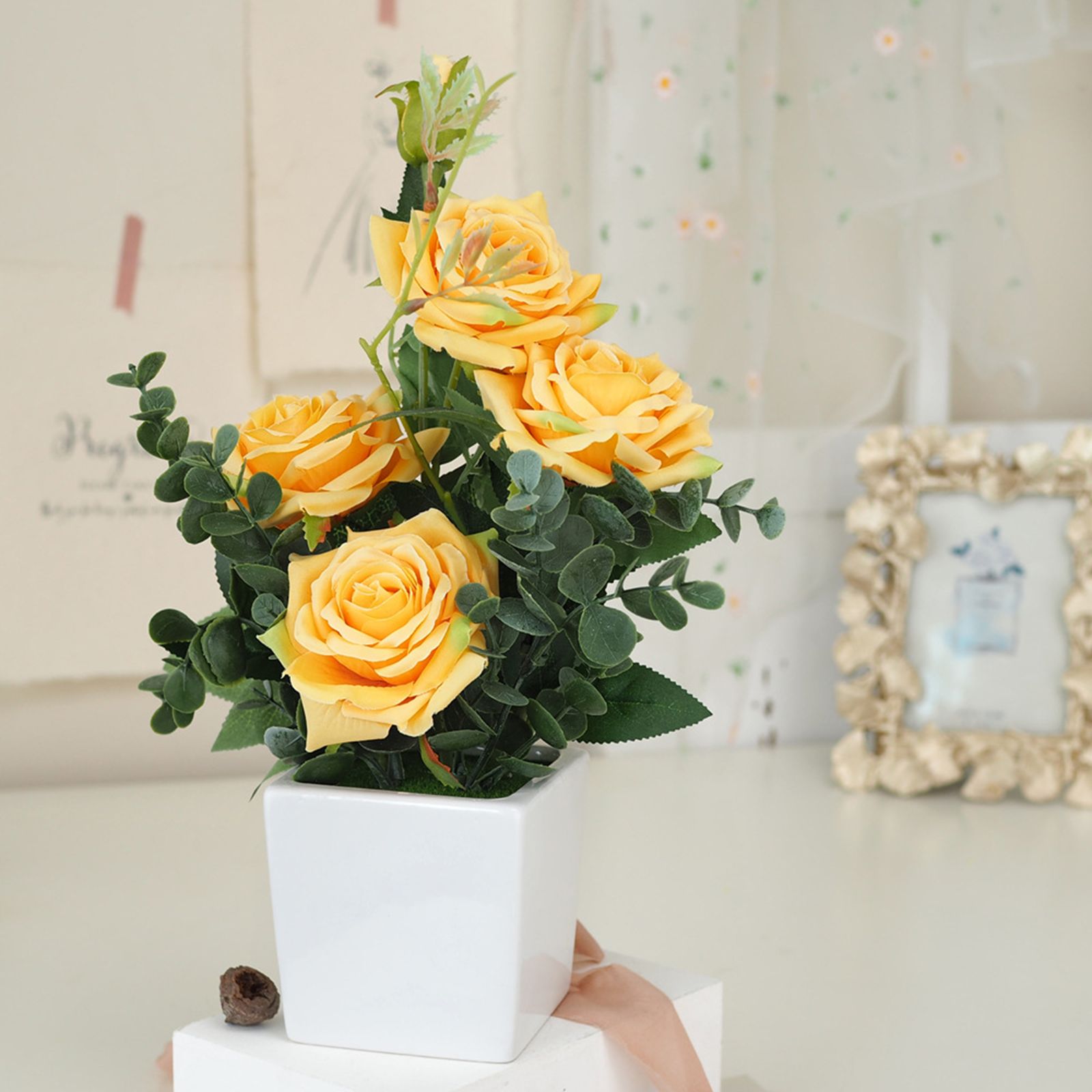 Rose Potted Plant Simulation Flowers Ceramic Small Bonsai Artificial Rose Potted — image 2